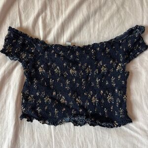 Active USA Navy Blue Floral Off Shoulder Crop Top Cottagecore M